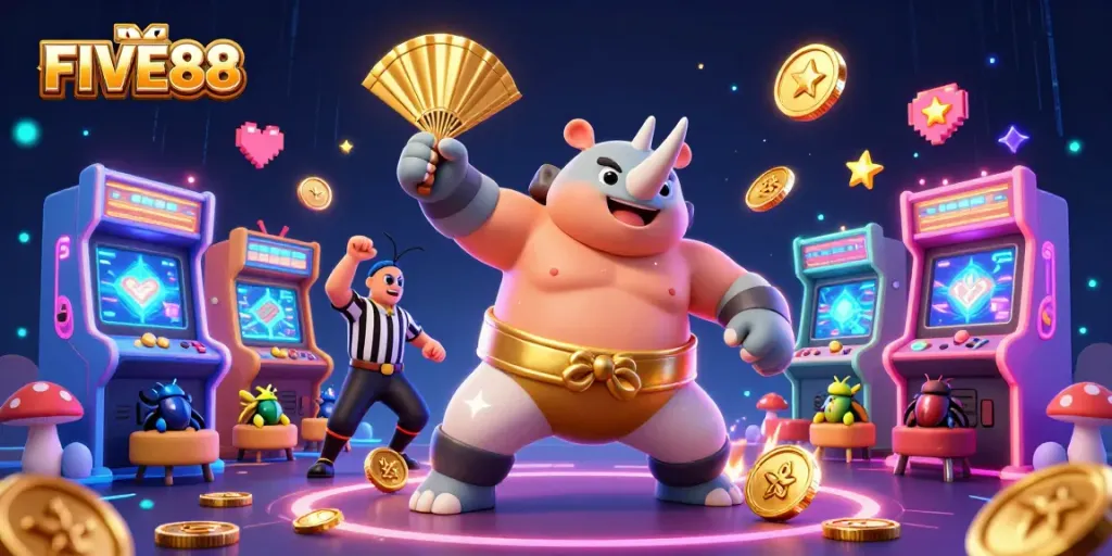 FIVE88 features a dynamic and engaging 3D casino scene with a beetle champion sending gold coins flying, illustrating games and excitement.