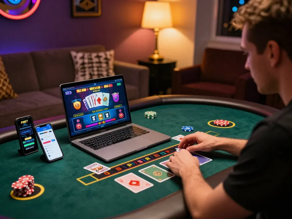 Player enjoying a live dealer game on F8BET, showcasing dynamic casino action and a cozy atmosphere.