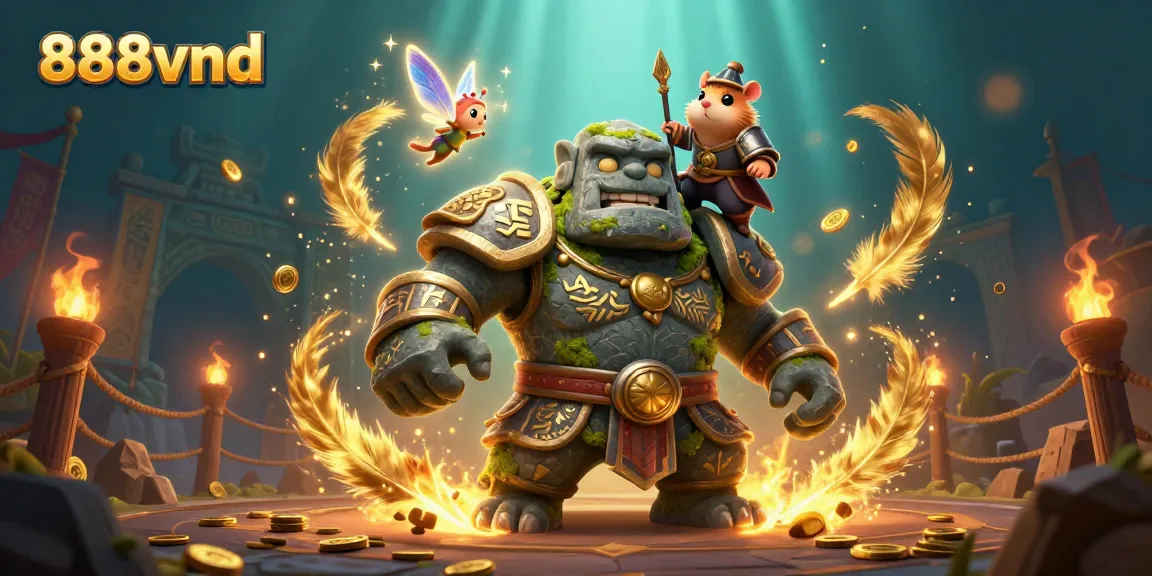 Engage with dynamic 888vnd gameplay featuring a magical golem guardian and vibrant casino elements.
