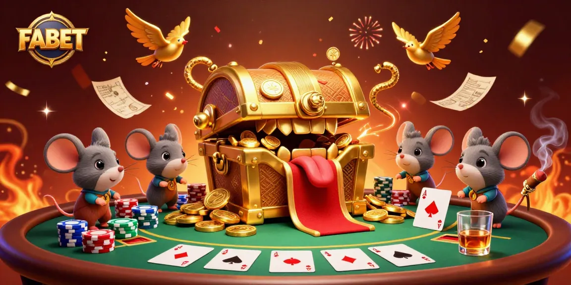 Engage in thrilling gameplay at FABET, featuring an extravagant scene with poker elements and a treasure chest.