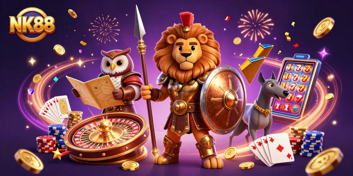 Experience the excitement of NK88 with 3D characters celebrating casino wins amidst vibrant visuals.