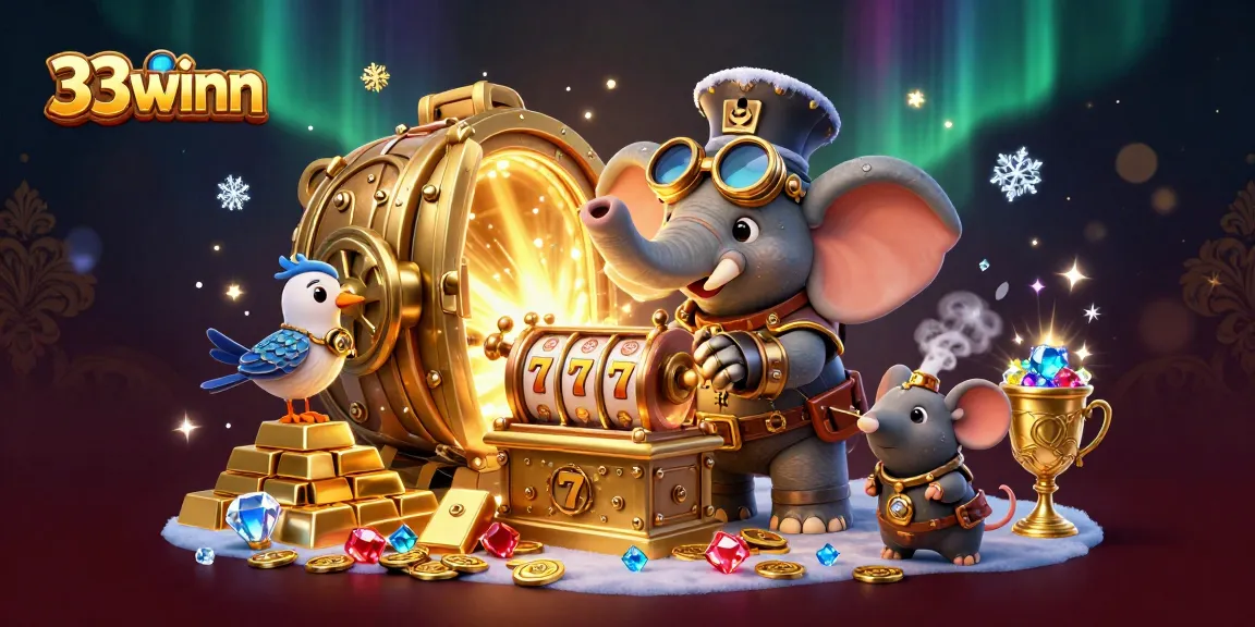 Engage with 33winn’s exciting golden slot machine scene featuring a steampunk elephant engineer.