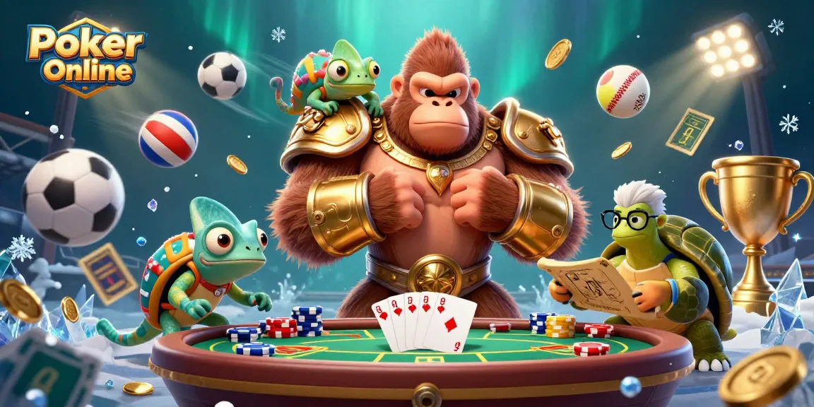 Poker Online showcases vibrant 3D characters and dynamic elements, depicting an exciting gambling scene.