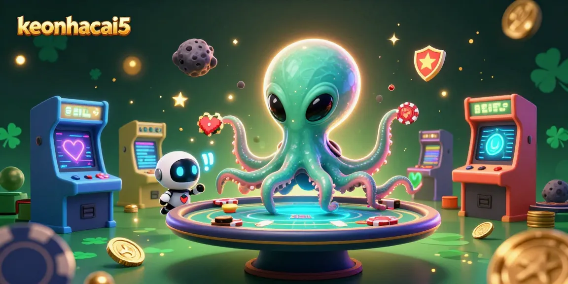 Engage with keonhacai5 and a vibrant 3D scene featuring alien characters and casino elements.