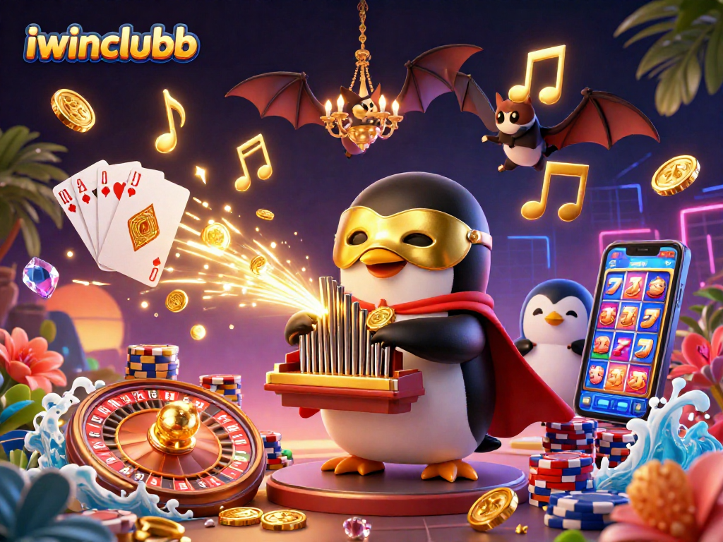 Experience the excitement of iwinclubb with a whimsical penguin playing a golden pipe organ amidst casino elements.