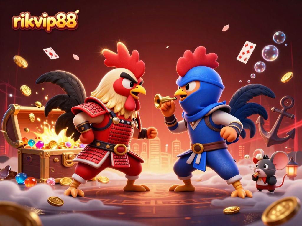 Experience thrilling action with rikvip88 in a vibrant, dynamic casino scene featuring fighting roosters.