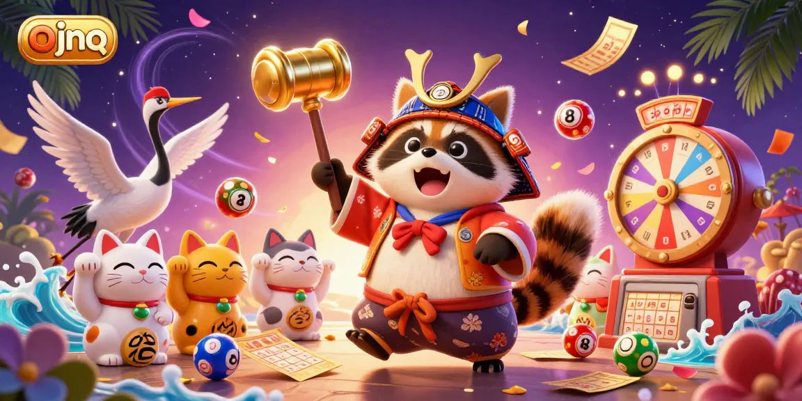 Experience exciting lottery action with ojnq illustrated by a cheerful tanuki and vibrant game elements.