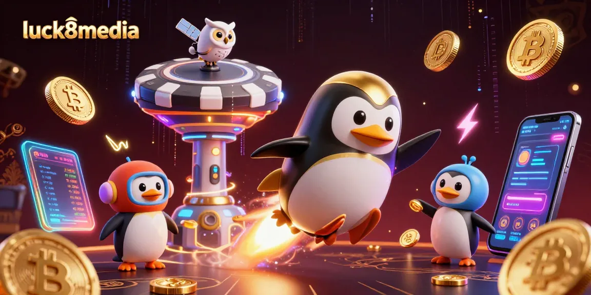 Experience thrilling gaming with luck8media as a golden penguin soars through a cosmic casino!