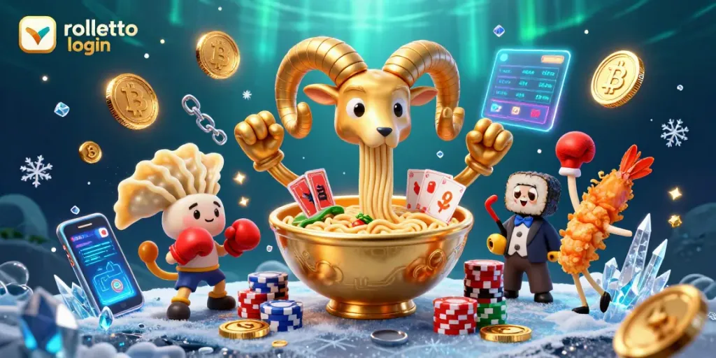 Join rolletto login to experience dynamic gaming with a 3D ramen bowl dealer, crypto coins, and energetic visuals.