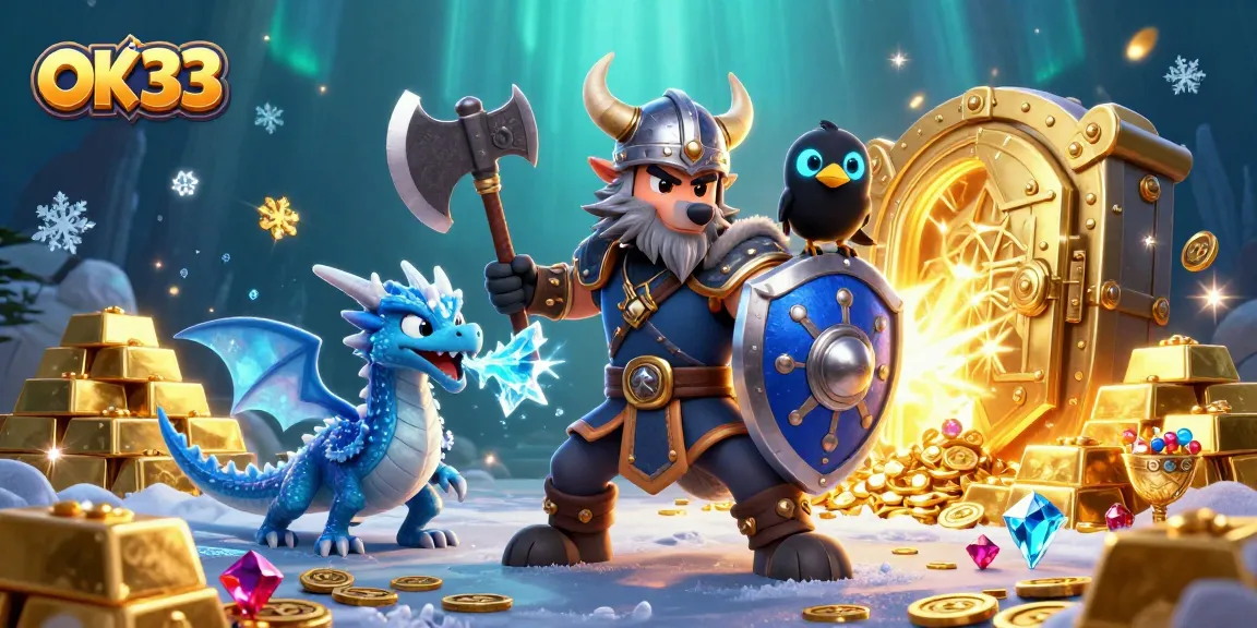 Engage in thrilling action with OK33 at this dynamic casino illustration featuring treasures and enchanting characters.