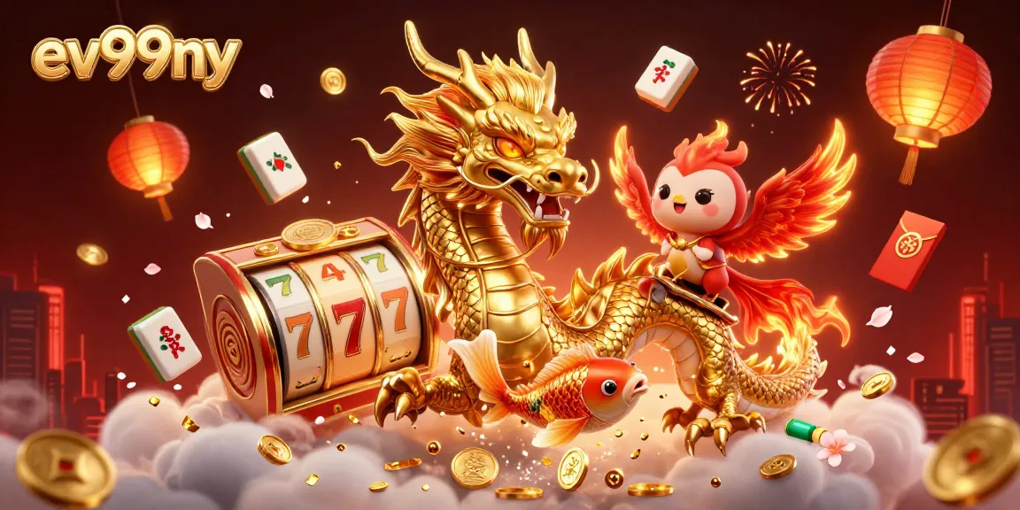 Join the excitement at ev99ny with a vibrant gaming scene featuring a mythical dragon and floating slot reels.