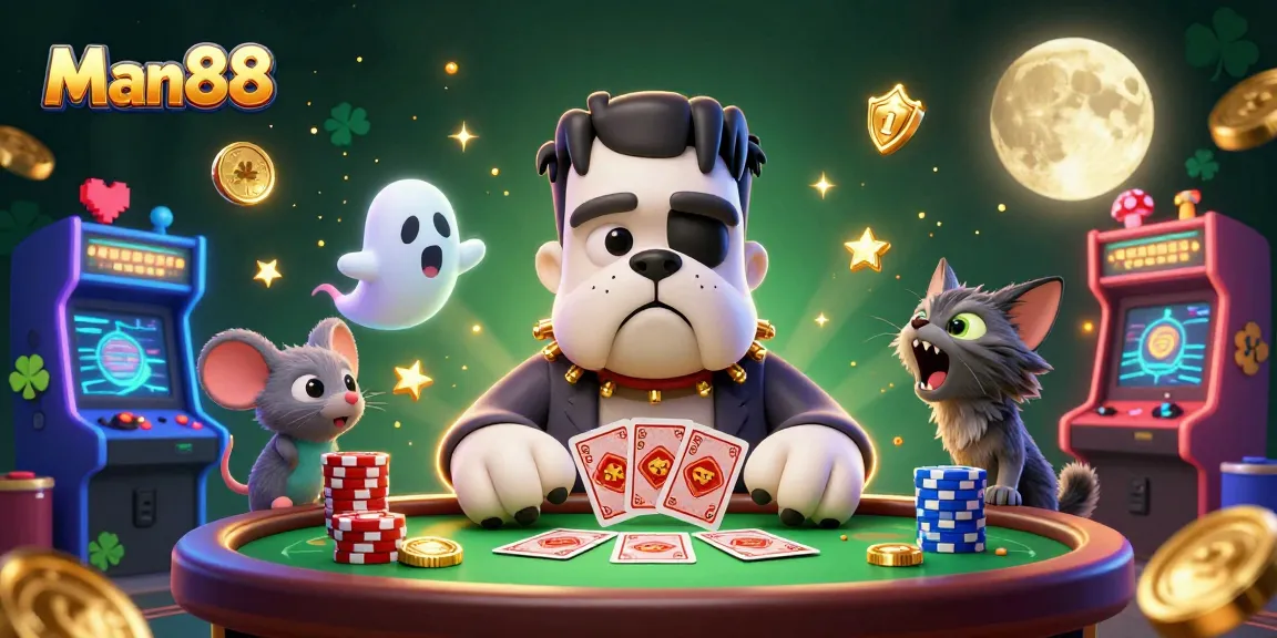 Experience thrilling gambling with Man88 as a Frankenstein bulldog dealers cards at a spooky casino table.