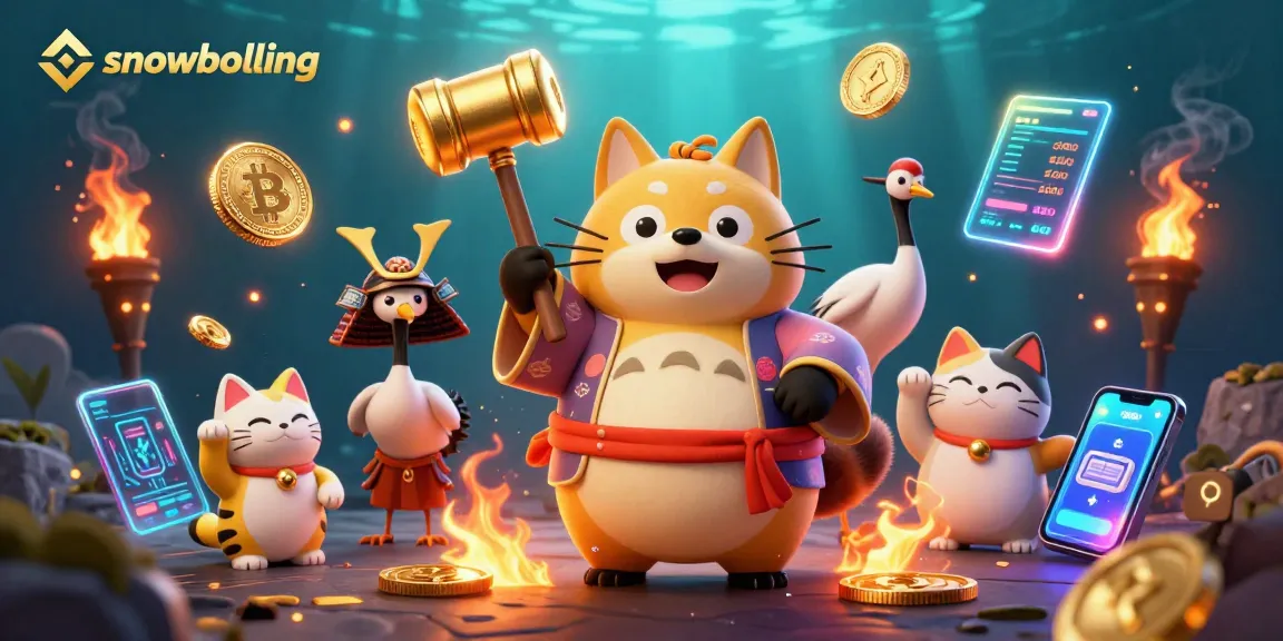 Engage in snowballing opportunities with colorful tanuki, cryptocurrency elements, and festival themes.