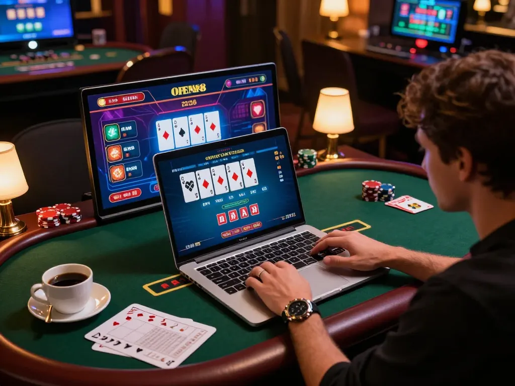 Player strategizing in an online gambling game at OPEN88 while enjoying a comfortable home setting.