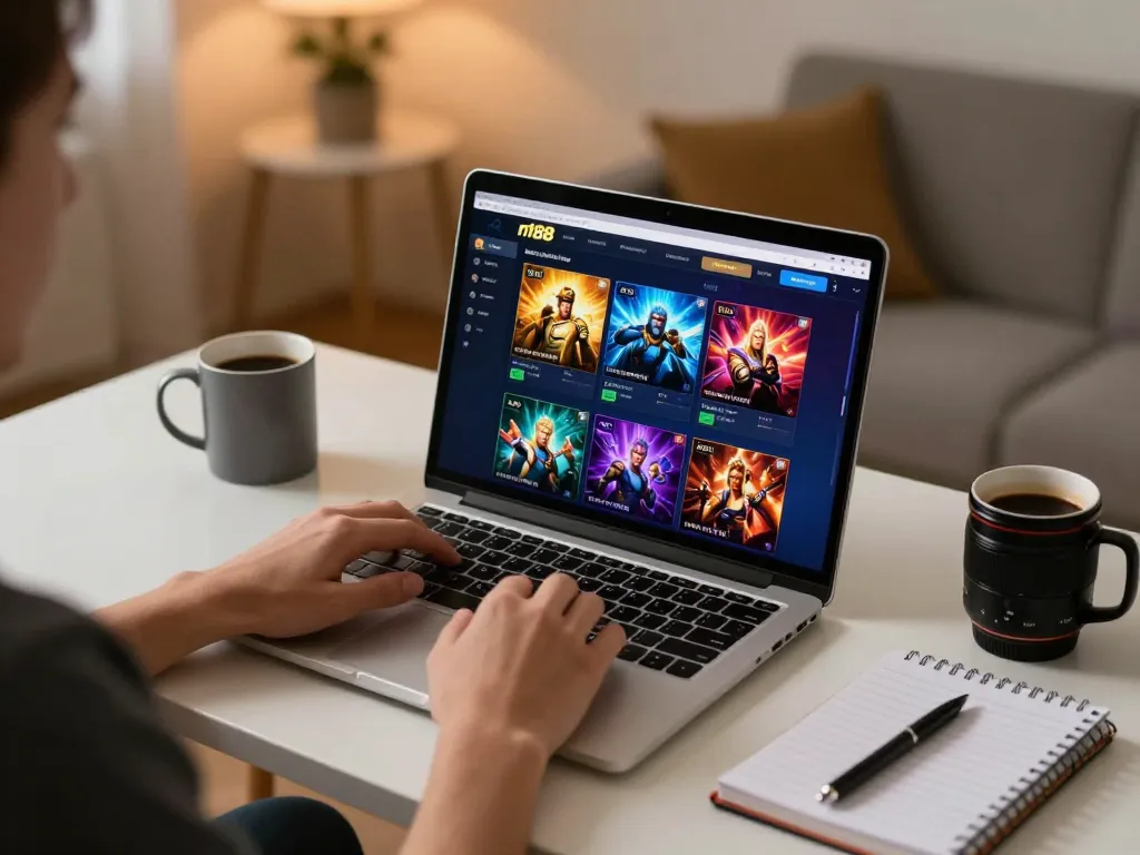 Player engaging in n188 online gaming session on laptop in comfortable home office