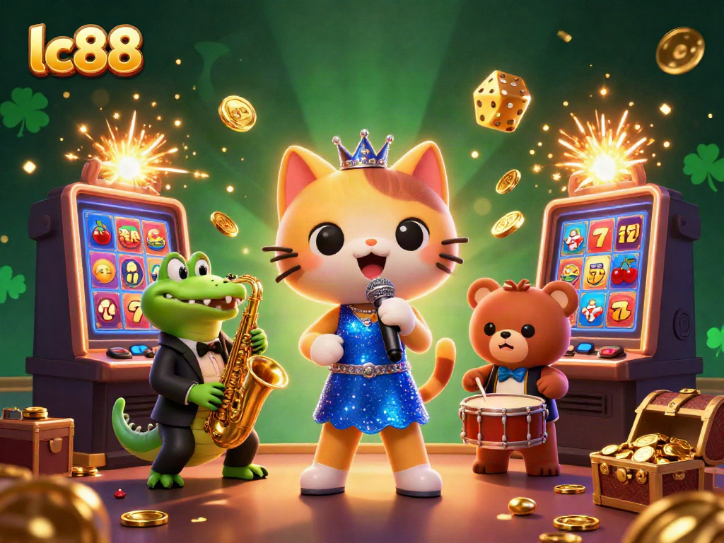 Experience the vibrant lc88 casino scene with an animated jazz singer cat, saxophonist crocodile, and festive elements.