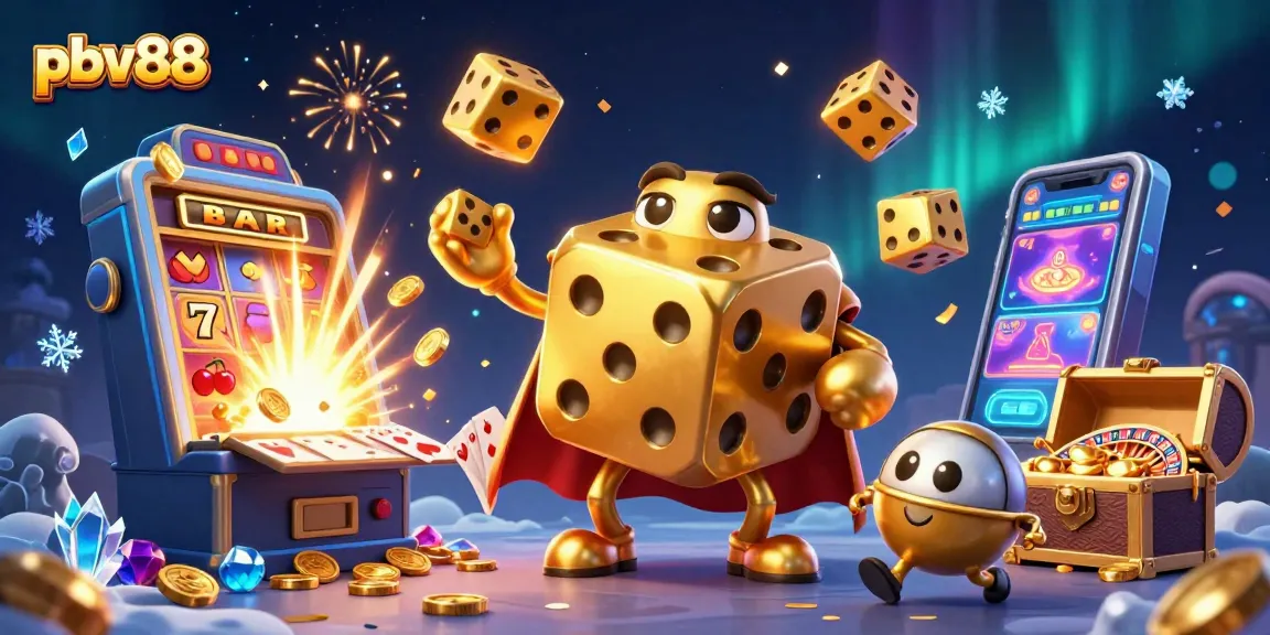 Experience thrilling plays with pbv88's dynamic casino scene featuring gold dice and vibrant slot machines.
