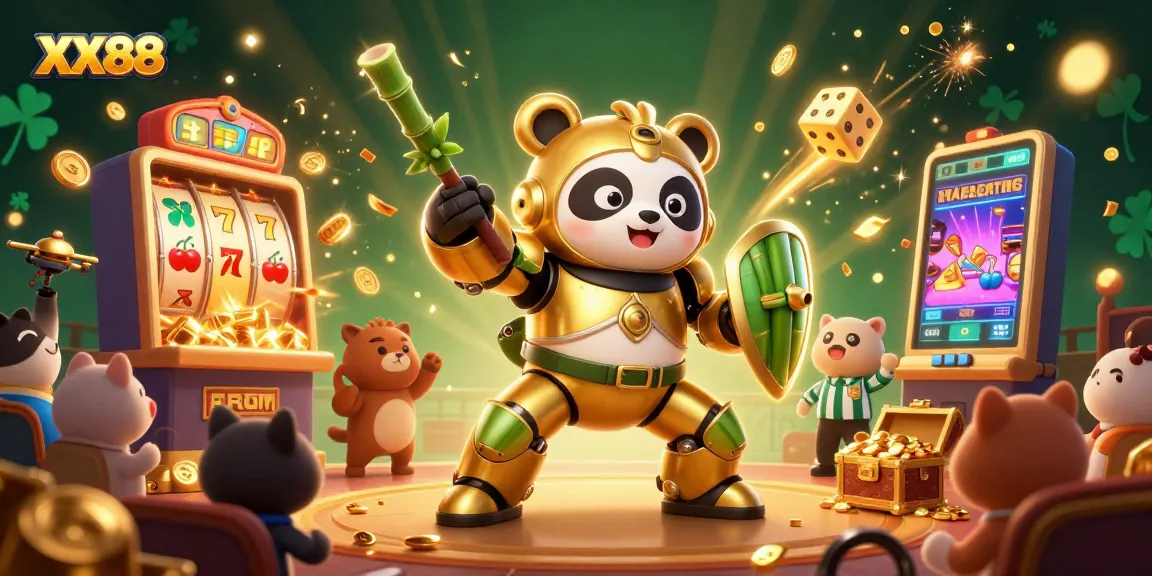 Experience the thrilling gameplay with XX88's dynamic 3D casino scene featuring a golden panda robot.