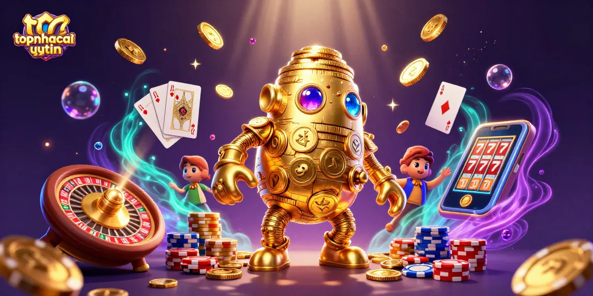 Topnhacaiuytin showcases an ultra-detailed 3D scene with a golden golem and casino elements.