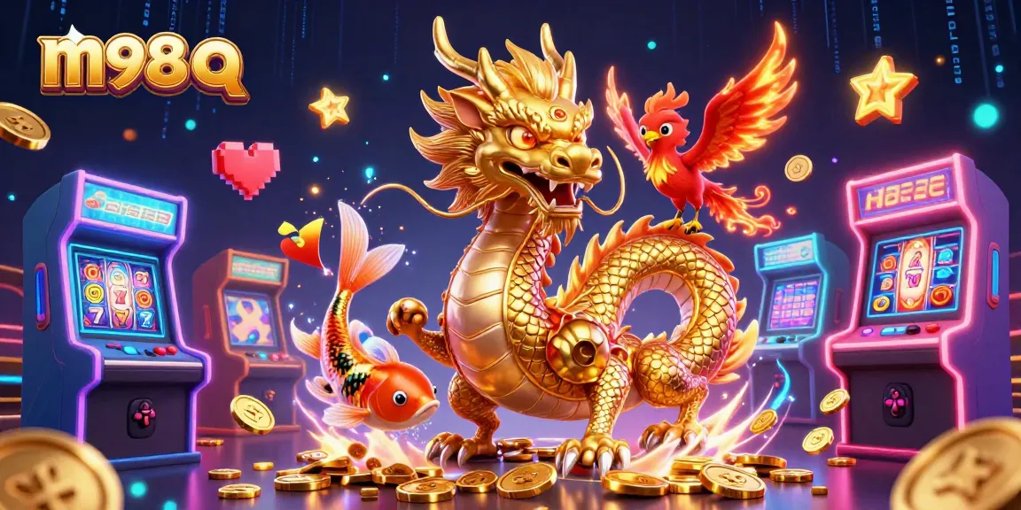 Experience thrilling play at m98 q with a fierce dragon and lucky koi amidst vibrant casino elements.