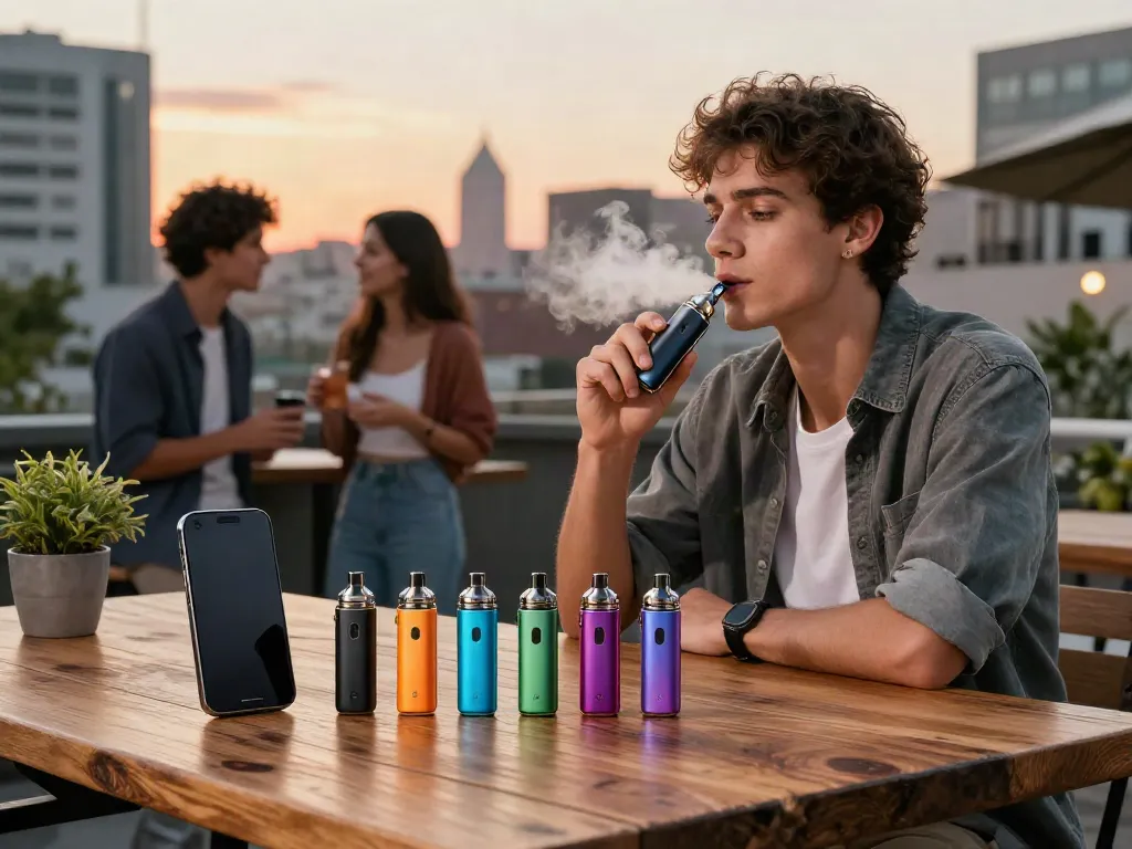 Stylish vaper using a rechargeable kit, highlighting what replaced disposable vapes.