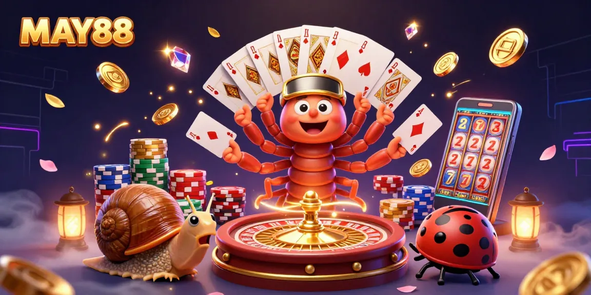 MAY88 features a lively casino scene with a millipede dealer and high-roller snail amidst dynamic gambling elements.