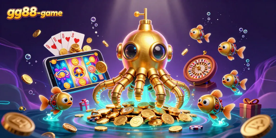 Engage in the thrilling adventure at gg88-game where a golden kraken submarine reveals treasures of slot gaming amidst vibrant colors.