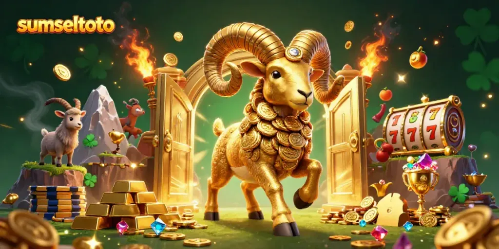 Celebrate gaming excitement with sumseltoto's thrilling golden ram charging through a vibrant casino scene.