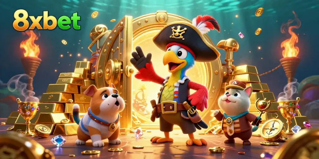 Join the adventure with 8xbet as our pirate captain parrot leads amidst gold treasures and gems.