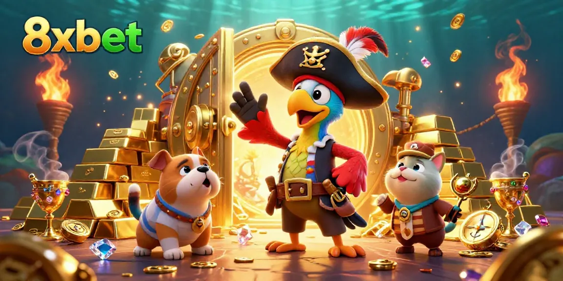 Join the adventure with 8xbet as our pirate captain parrot leads amidst gold treasures and gems.